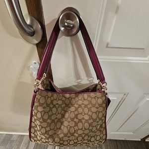 EUC COACH SIGNATURE PATTERN WITH PURPLE HANDLES AND TAGS